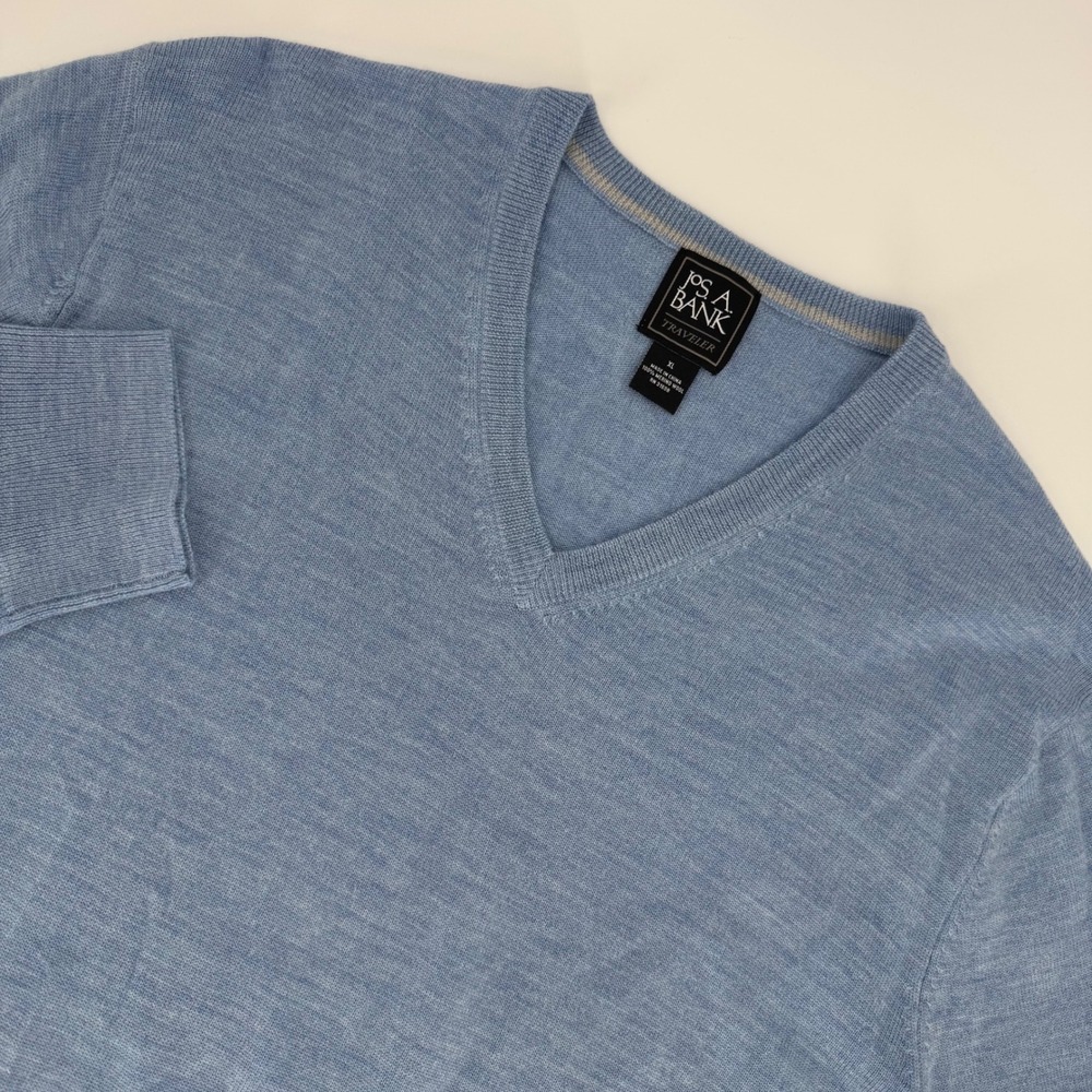 Jos A Bank Traveler Men's Merino Wool V Neck Sweater Blue‎ Size XL